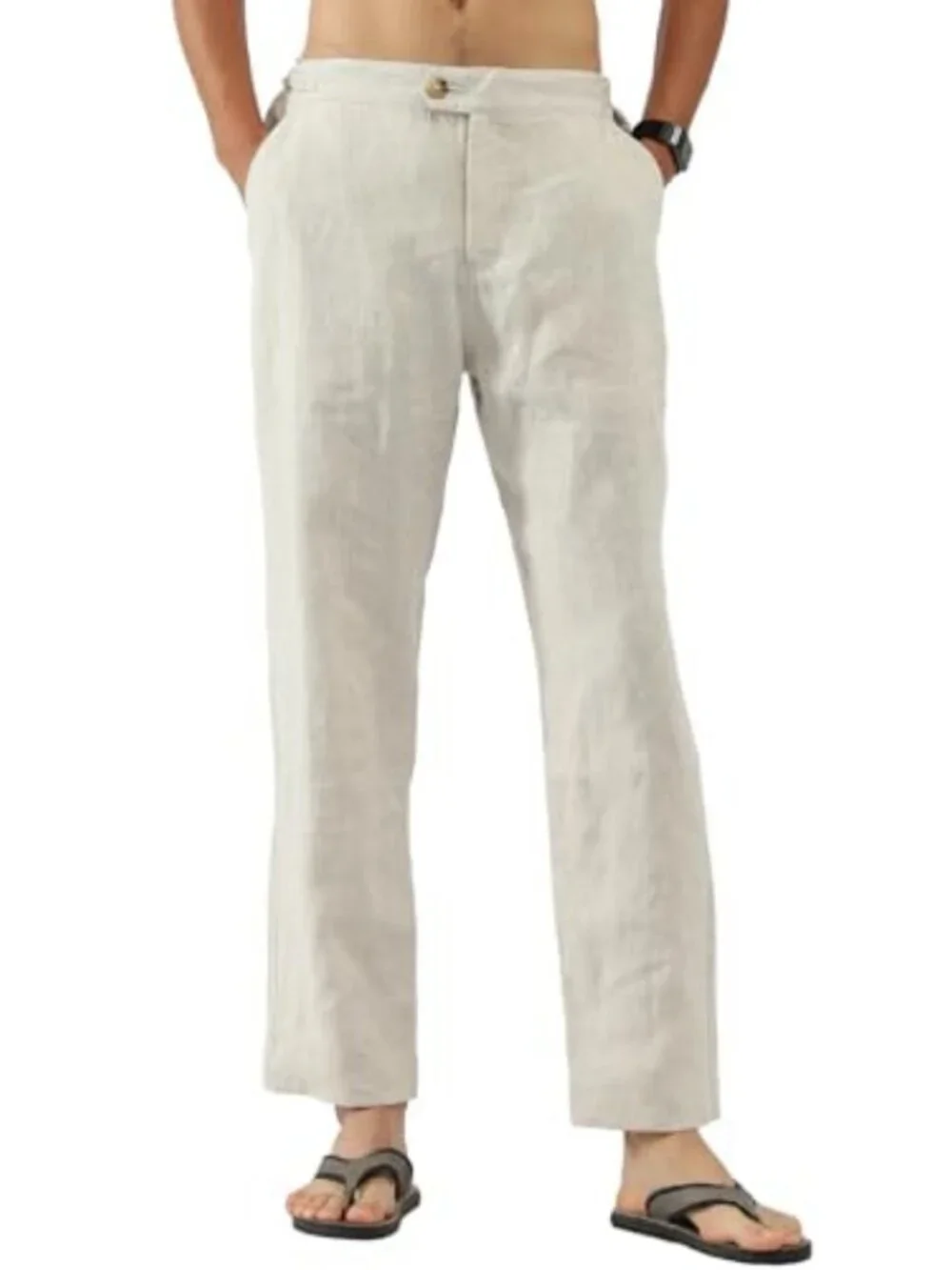 Men's 100% Linen Casual Business Pants Tapered Fit Side Tab Adjustable Waist 4